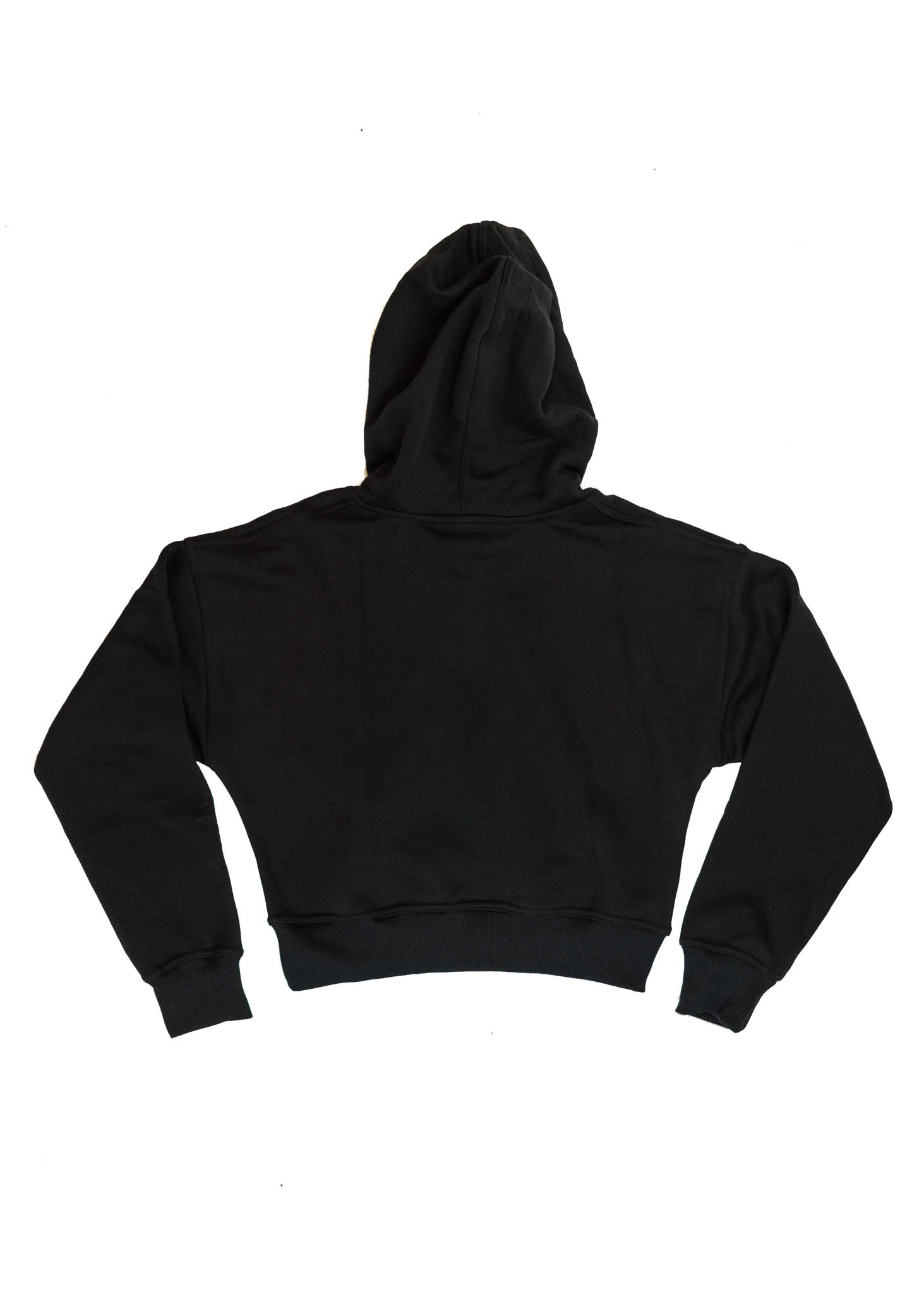A black BMW cropped hoodie for women. Photo is a back view of the cropped sweater with an embroidered BMW 2002 Turbo. Fabric composition is 100% cotton. The material is soft, comfortable, breathable, and non-transparent. The style of this crop hoodie is long sleeve, crewneck with a hood, hooded, with embroidery on the chest.