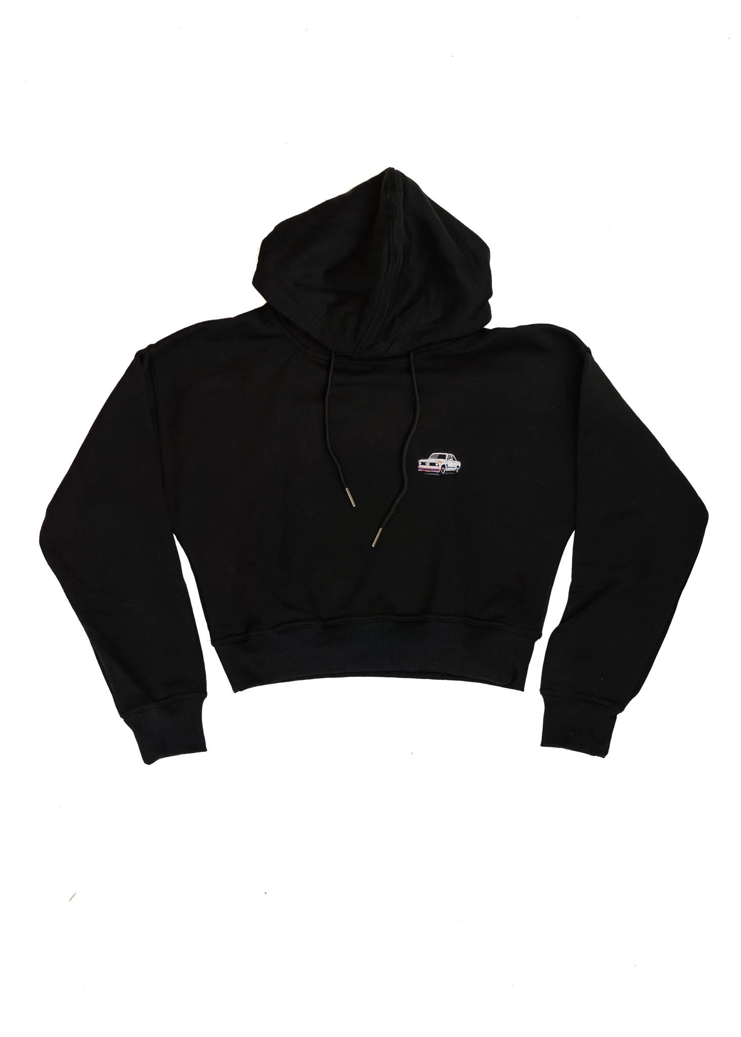 A black BMW cropped hoodie for women. Photo is a front view of the cropped sweater with an embroidered BMW 2002 Turbo. Fabric composition is 100% cotton. The material is soft, comfortable, breathable, and non-transparent. The style of this crop hoodie is long sleeve, crewneck with a hood, hooded, with embroidery on the chest.