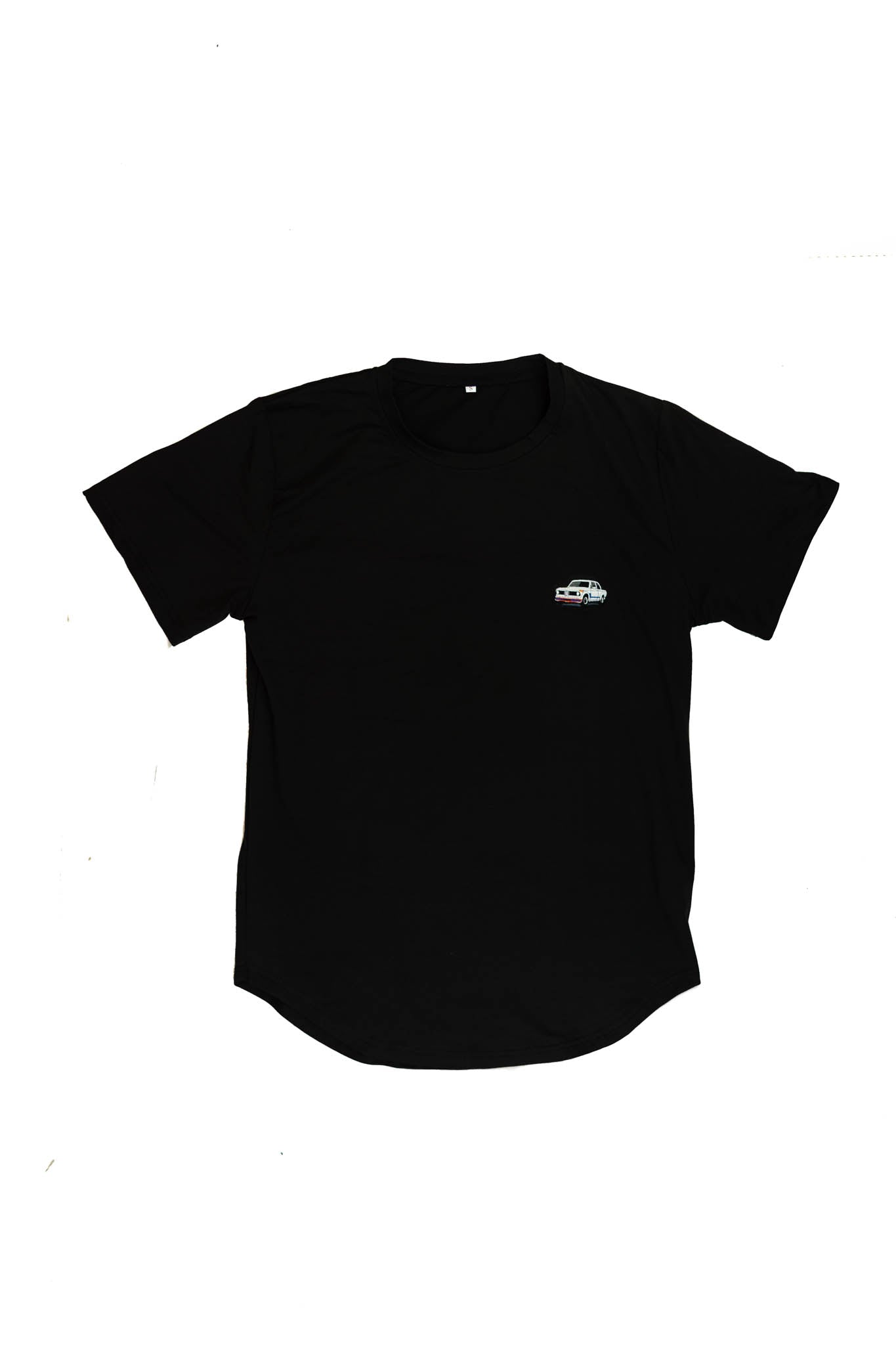 A black BMW 2002 Turbo t-shirt for men. Photo is the front view of the shirt with an embroidered 2002 Turbo. Fabric composition is a polyester and cotton mix. The material is very soft, stretchy, non-transparent. The style of this shirt is short sleeve, with a crewneck neckline.