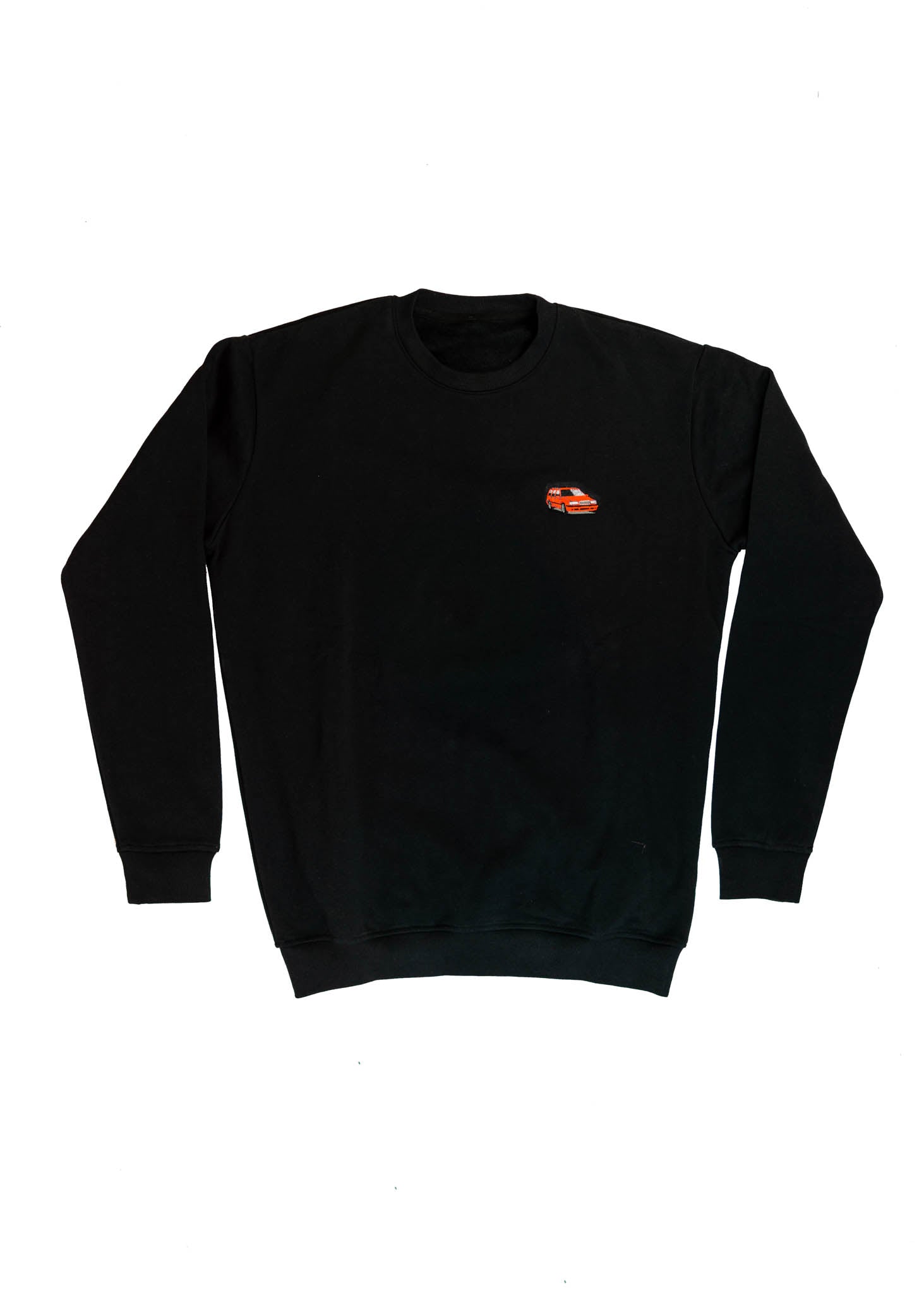 A black Volvo crewneck sweater for men. Photo is the front of the sweater with an embroidered 850R. Fabric is composed of high quality 80% cotton, and 20% polyester and fits to size. The style is long sleeve, crew neck, and embroidery on left chest.