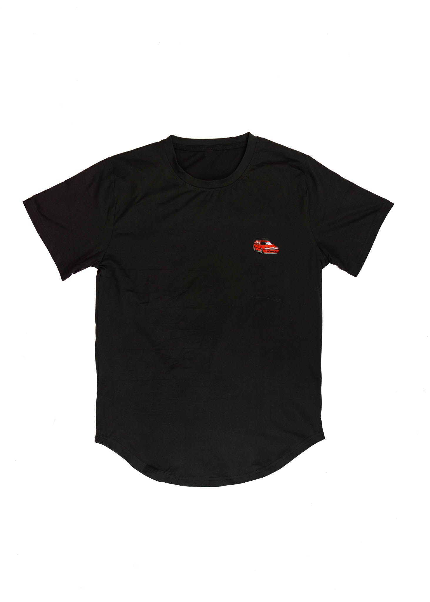 A black Volvo t-shirt for men. Photo is the front view of the shirt with an embroidered red 850R. Fabric composition is a polyester, and cotton mix. The material is very soft, stretchy, non-transparent. The style of this shirt is short sleeve, with a crewneck neckline.