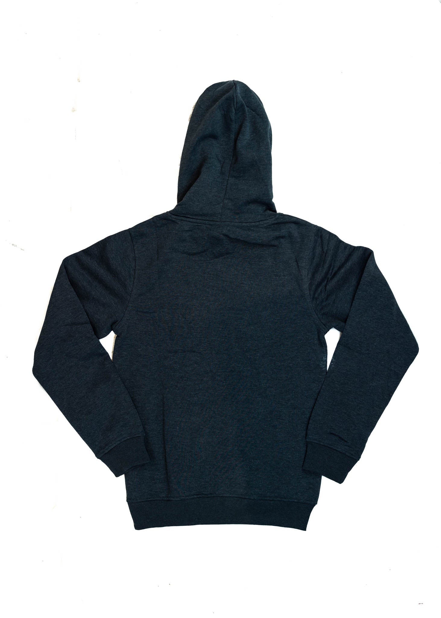 A dark blue BMW unisex hoodie for men and women. Photo is a back view of the sweater with an embroidered BMW 2002 Turbo. Fabric composition is cotton, polyester, and rayon. The material is very soft, stretchy, and non-transparent. The style of this hoodie is long sleeve, crewneck with a hood, hooded, with embroidery on the left chest.