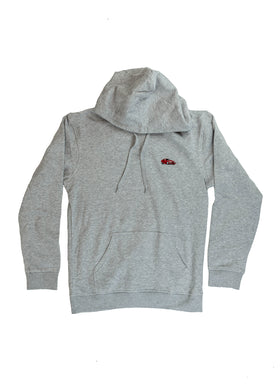 A grey E36 M3 unisex hoodie for men and women. Photo is a front view of the sweater with an embroidered red E36 M3. Fabric composition is cotton, polyester, and rayon. The material is very soft, stretchy, and non-transparent. The style of this hoodie is long sleeve, crewneck with a hood, hooded, with embroidery on the left chest.