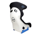 NRG FRP Bucket Seat - White Finish with Arrow Embroidery And Blue Side Mount Bracket-4