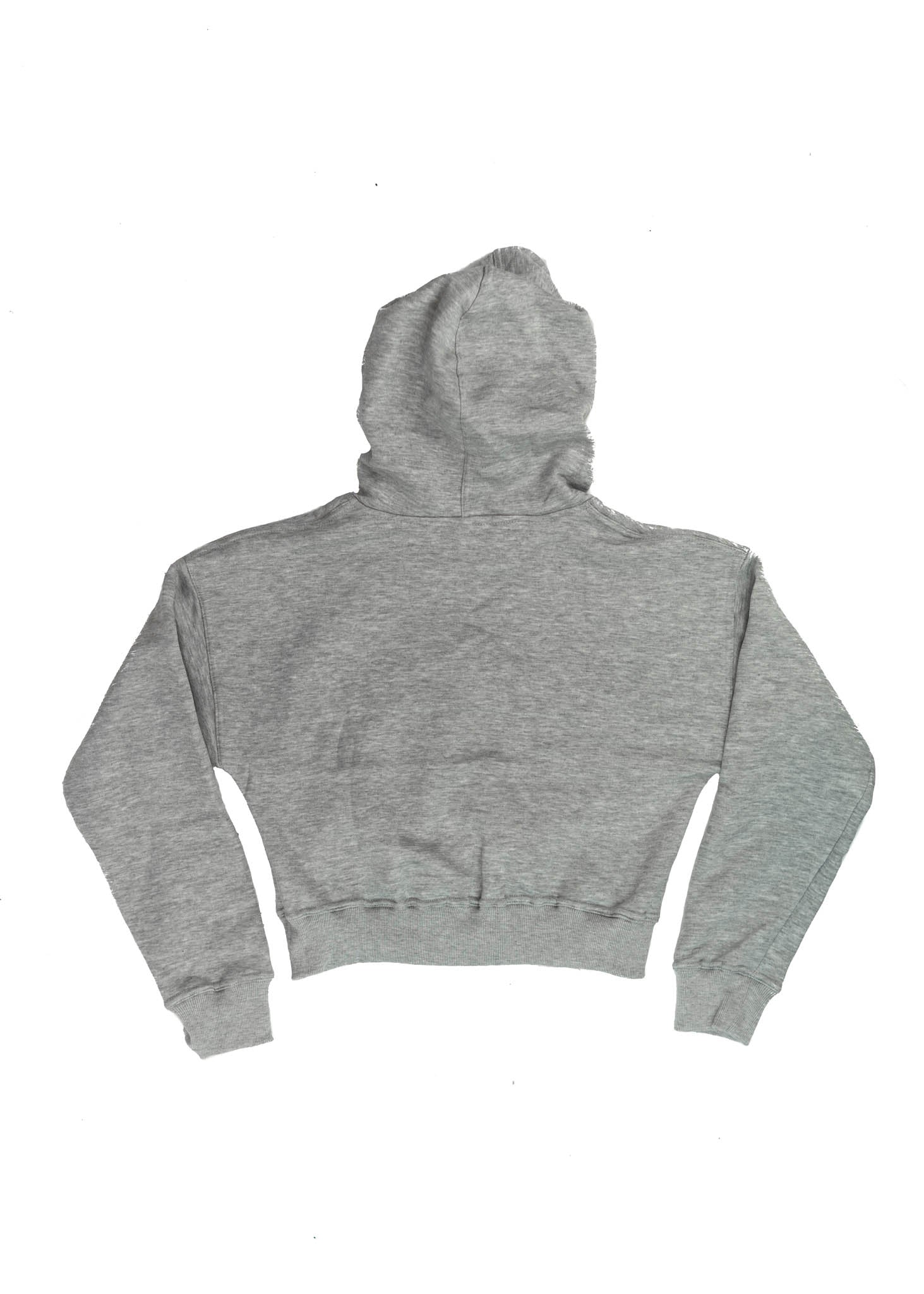 A grey Mercedes-Benz cropped hoodie for women. Photo is a back view of the cropped sweater with an embroidered W201 190E 2.5-16 Evo II. Fabric composition is 100% cotton. The material is soft, comfortable, breathable, and non-transparent. The style of this crop hoodie is long sleeve, crewneck with a hood, hooded, with embroidery on the chest.