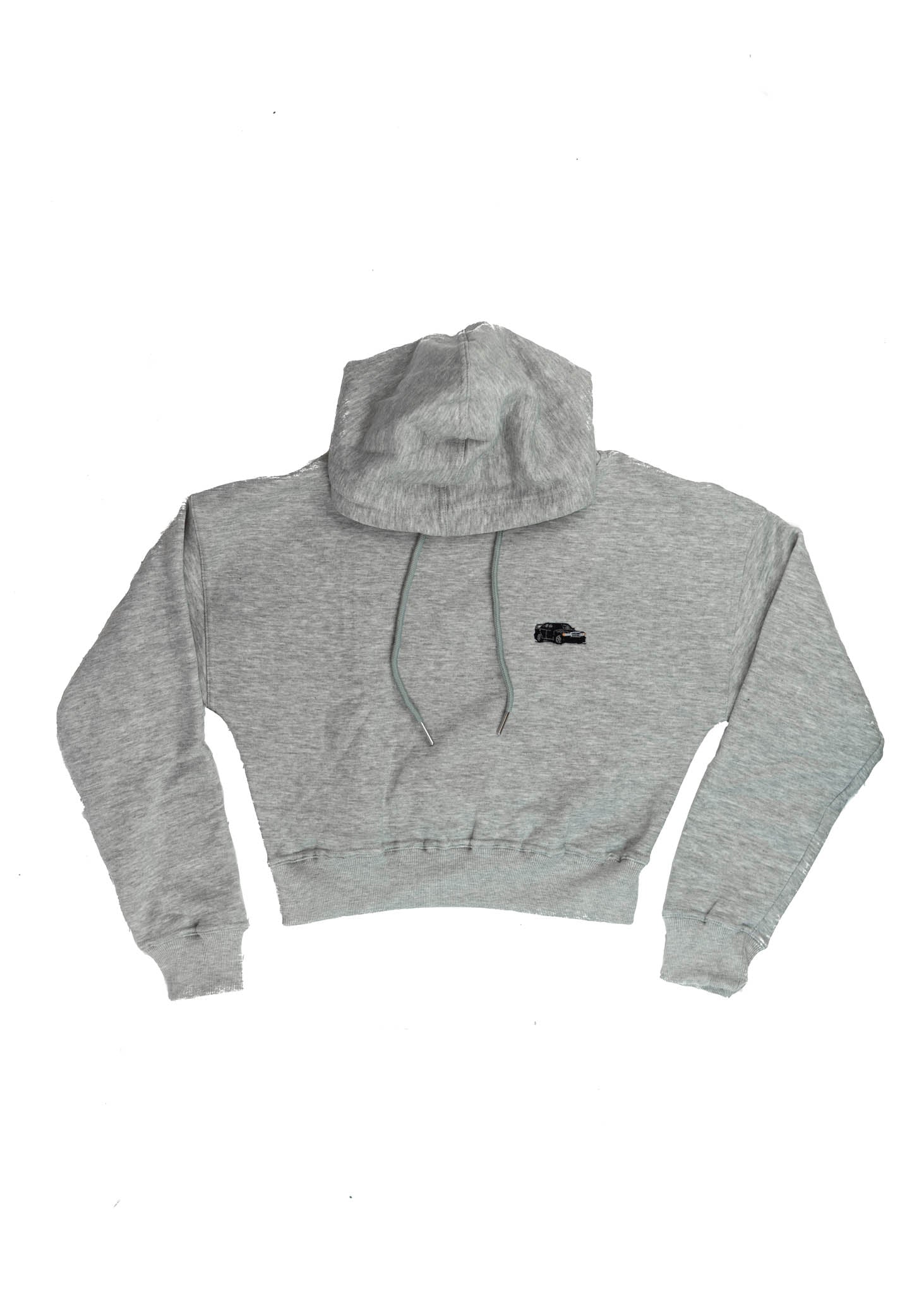 A grey Mercedes-Benz cropped hoodie for women. Photo is a front view of the cropped sweater with an embroidered W201 190E 2.5-16 Evo II. Fabric composition is 100% cotton. The material is soft, comfortable, breathable, and non-transparent. The style of this crop hoodie is long sleeve, crewneck with a hood, hooded, with embroidery on the chest.