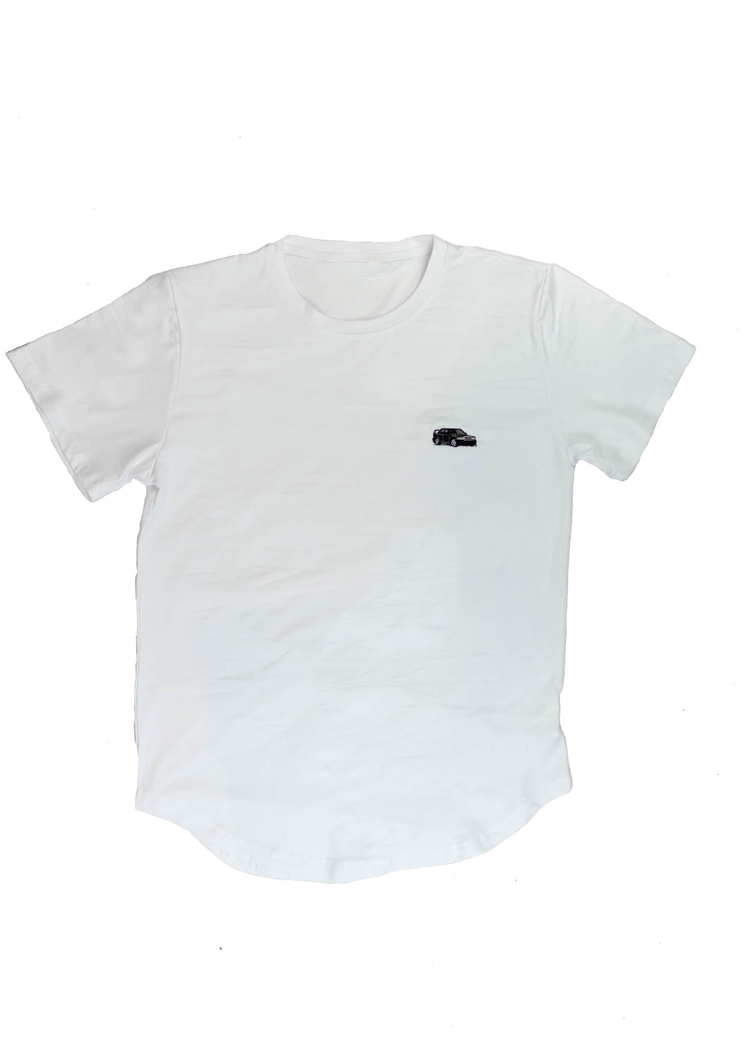 A white Mercedes-Benz t-shirt for men. Photo is the front view of the shirt with an embroidered black W201 190E 2.5-16 Evo II. Fabric composition is a polyester, and cotton mix. The material is very soft, stretchy, non-transparent. The style of this shirt is short sleeve, with a crewneck neckline.