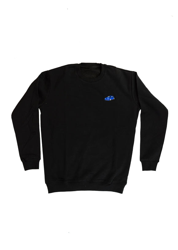 A black Mk4 Golf R32 crewneck sweater for men. Photo is the front of the sweater with an embroidered Mk4 Golf R32. Fabric is a cotton and polyester mix and high quality and fits to size. The style is long sleeve, crew neck, and embroidery on left chest.
