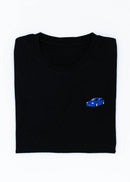 A black Mk4 Golf R32 T-Shirt for men. Photo is a front view of the shirt with an embroidered blue Mk4 Golf R32. Fabric composition is 65% polyester, and 35% cotton. The material is very stretchy, soft, comfortable, breathable, and non-transparent. The style of this shirt is short sleeve, with a crewneck neckline.