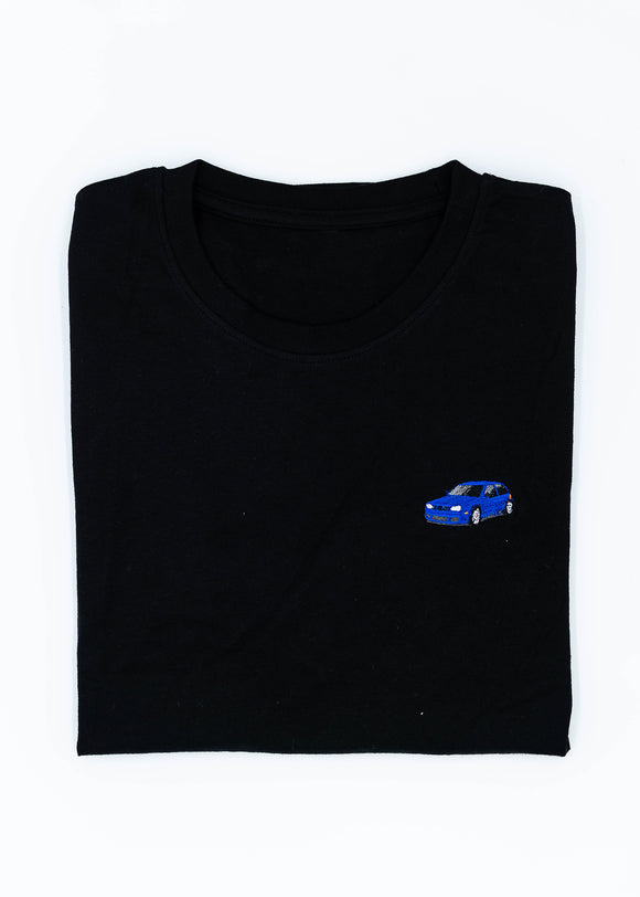 A black Mk4 Golf R32 T-Shirt for men. Photo is a front view of the shirt with an embroidered blue Mk4 Golf R32. Fabric composition is 65% polyester, and 35% cotton. The material is very stretchy, soft, comfortable, breathable, and non-transparent. The style of this shirt is short sleeve, with a crewneck neckline.