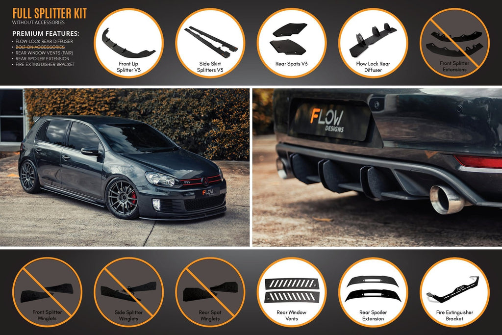 Flow Designs MK6 Golf GTI Full Lip Splitter Set - WITHOUT Bolt On Accessories