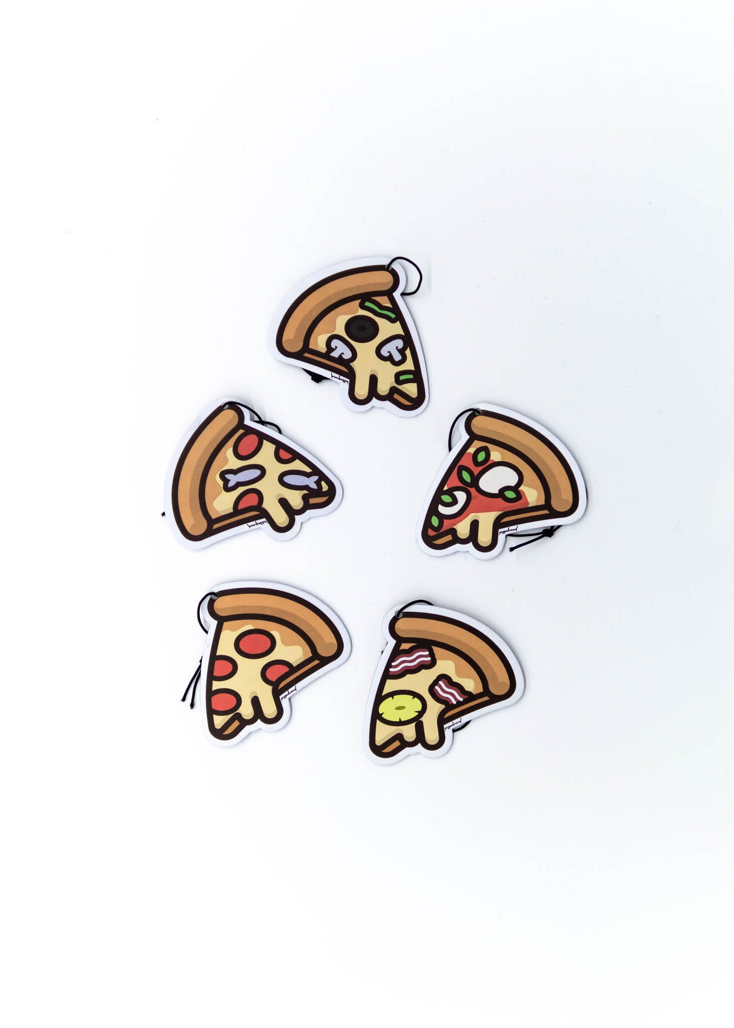 A pizzabrand pizza multipack sampler pack air fresheners. Photo is a close up of the car air freshener with string.