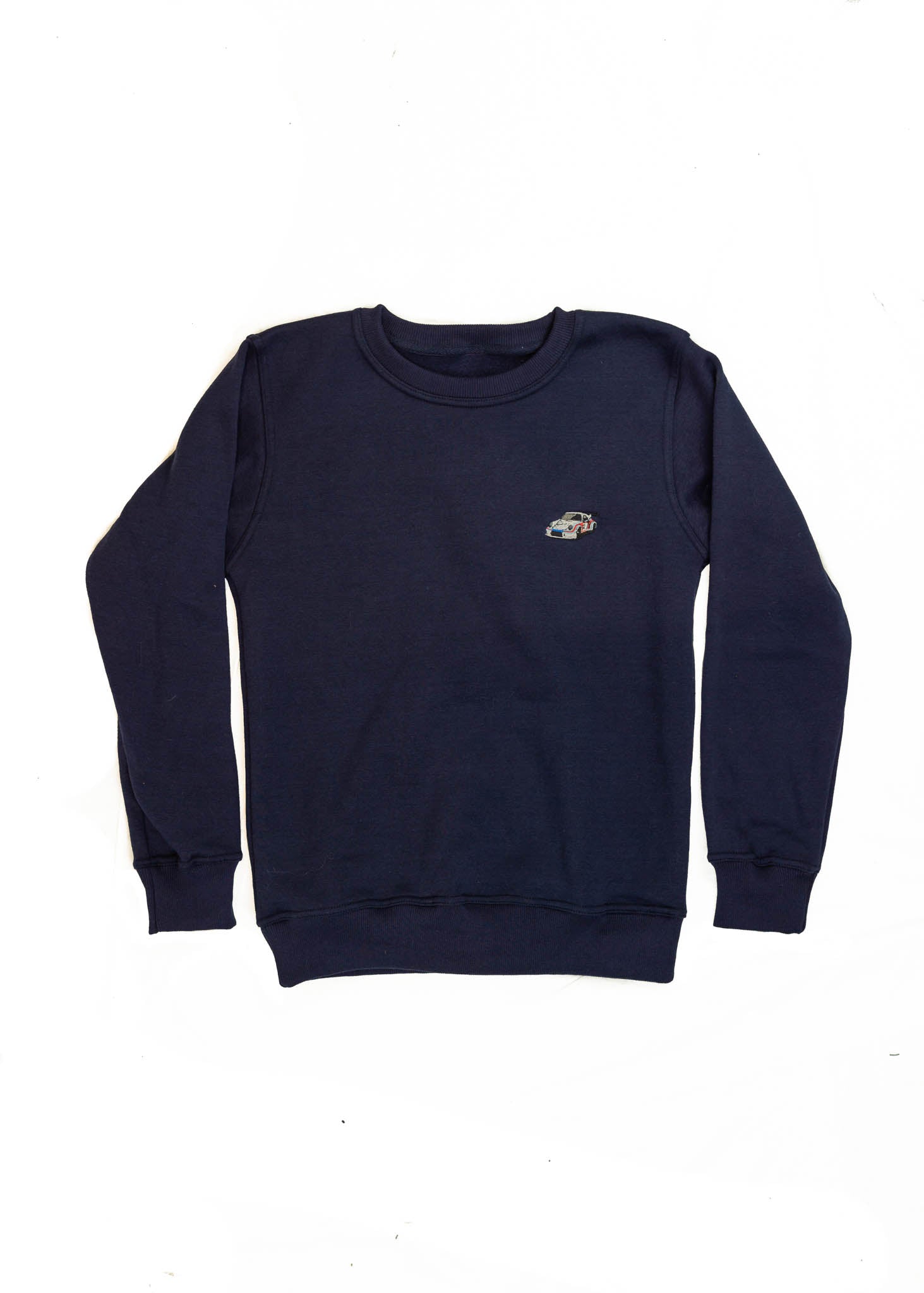 A navy blue Porsche race car crewneck sweater for men. Photo is a front view of the sweater with an embroidered Martini R13 Porsche 911 Carrera RSR 2.1 Turbo . Fabric is 100% cotton and high quality and fits to size. The style is long sleeve, crew neck, and embroidery on left chest.