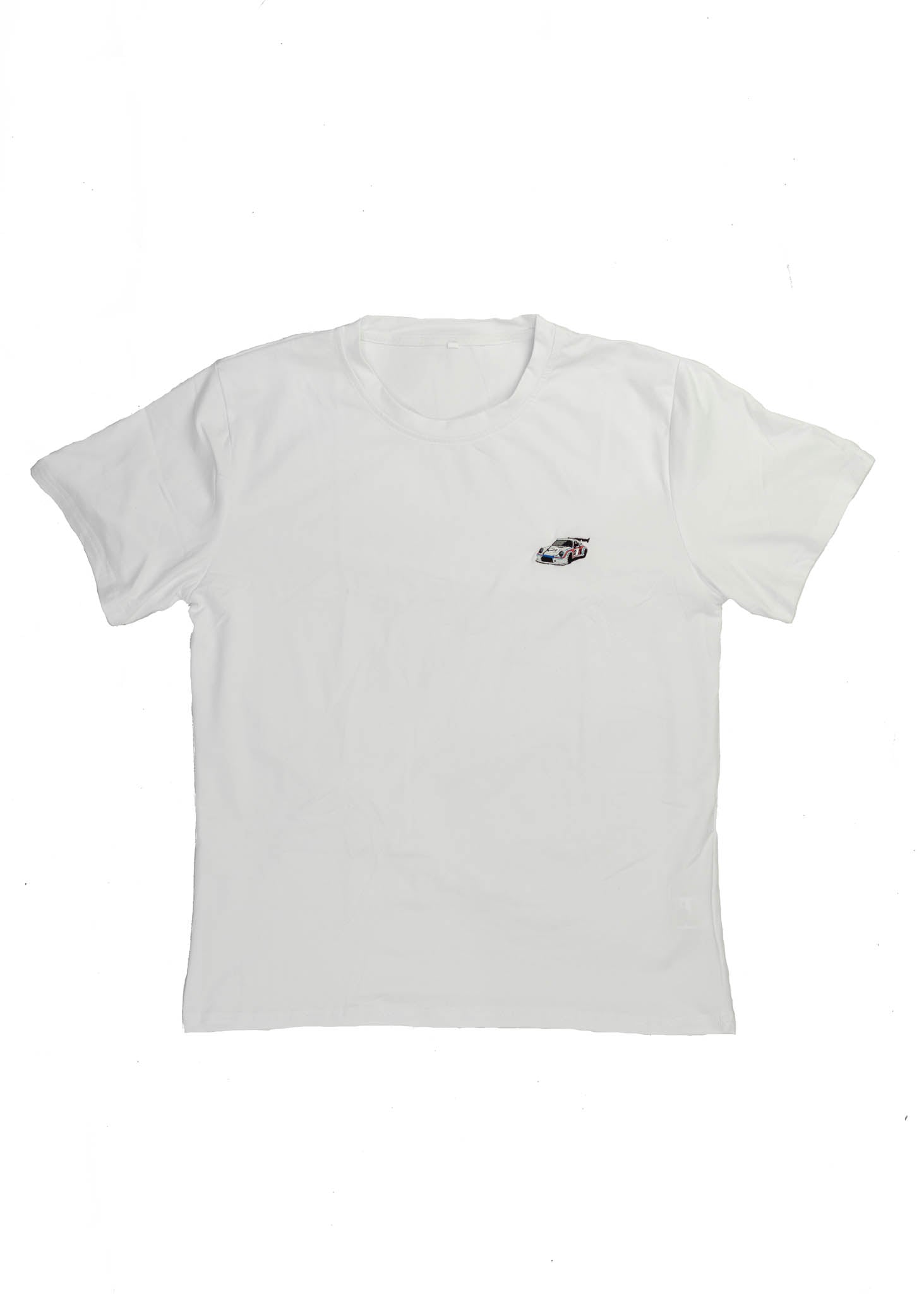 A white Porsche T-Shirt for men. Photo is the front of the shirt with an embroidered Martini R13 Porsche 911 Carrera RSR 2.1 Turbo. Fabric composition is 100% polyester. The material is very stretchy, soft, comfortable, breathable, and non-transparent. The style of this shirt is short sleeve, with a crewneck neckline.