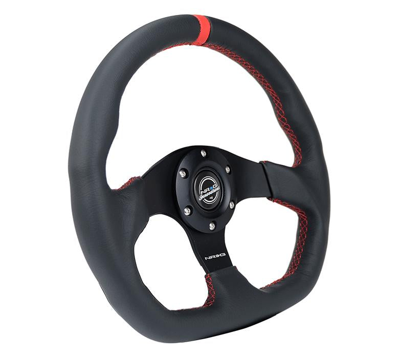 NRG Reinforced Steering Wheel (320mm) Sport Leather Flat Bottom w/ Red Center Mark/ Red Stitching