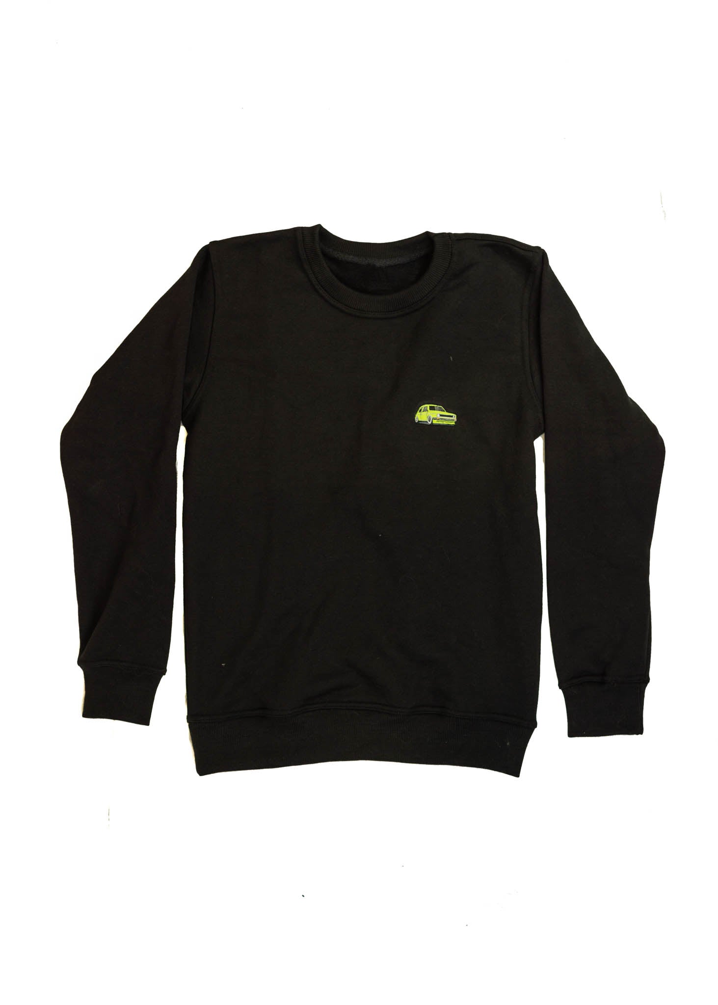 A black VW Volkswagen crewneck sweater for men. Photo is the front of the sweater with an embroidered modified green VW Mk1 Golf. Fabric is 100% cotton and high quality and fits to size. The style is long sleeve, crew neck, and embroidery on left chest.