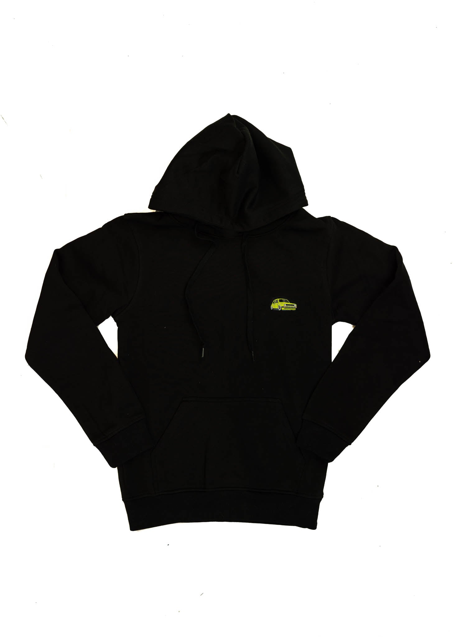 A black VW Volkswagen unisex hoodie for men and women. Photo is a front view of the sweater with an embroidered modified green Mk1 Golf. Fabric composition is cotton, polyester, and rayon. The material is very soft, stretchy, and non-transparent. The style of this hoodie is long sleeve, crewneck with a hood, hooded, with embroidery on the left chest.