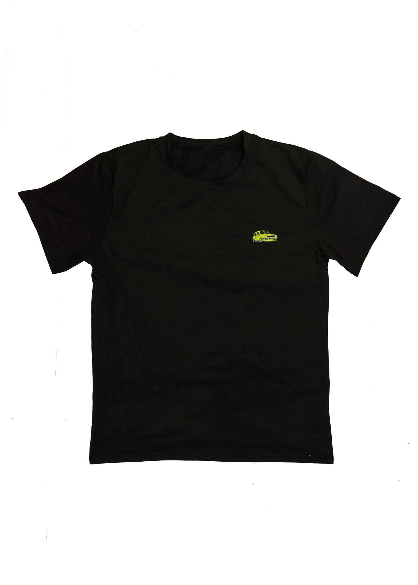 A black VW VolkswagenT-Shirt for men. Photo is a front view of the shirt with an embroidered modified green Mk1 Golf. Fabric composition is 100% polyester. The material is very stretchy, soft, comfortable, breathable, and non-transparent. The style of this shirt is short sleeve, with a crewneck neckline.