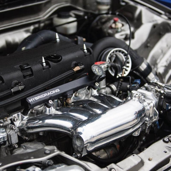 HYBRID RACING K-SWAP BLACK FUEL RAIL WITH 2 -6/-8 FITTINGS. 1 -8PLUG AND. 3 ORIN