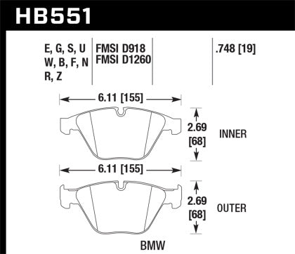 BMW HPS 5.0 Front Brake Pad Set - Hawk HB551B.748 - 0