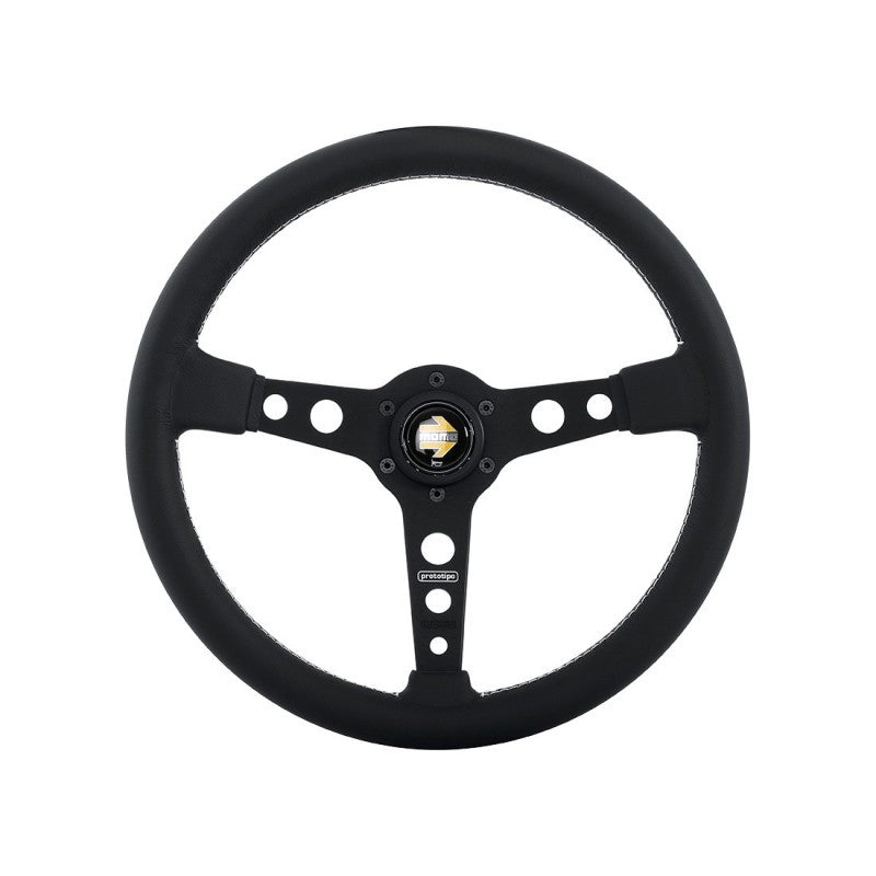 Momo Prototipo Steering Wheel 370 mm - Black Leather/White Stitch/Brushed Black Ano Spokes