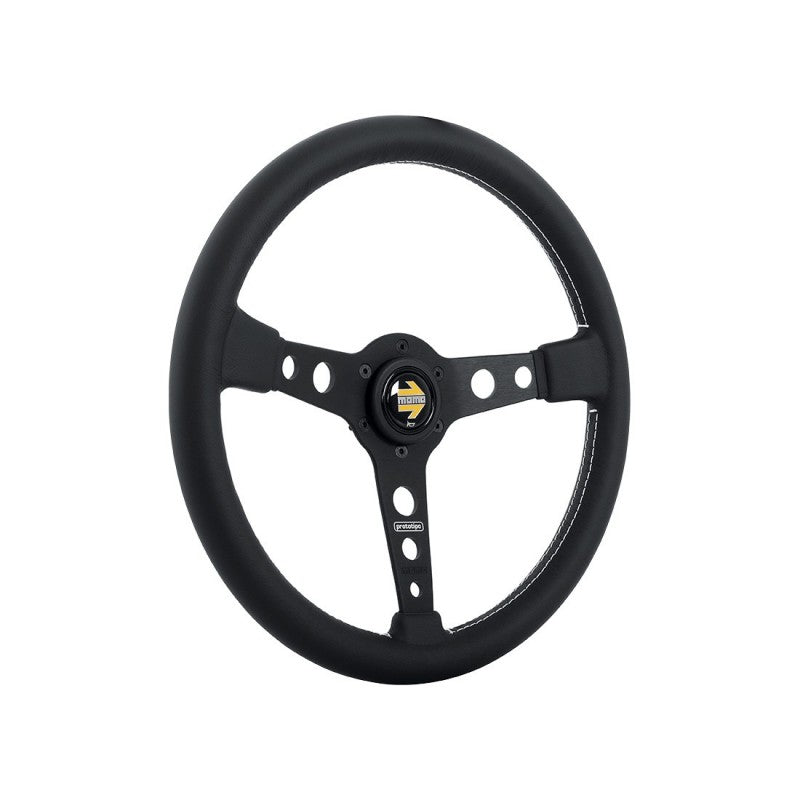 Momo Prototipo Steering Wheel 370 mm - Black Leather/White Stitch/Brushed Black Ano Spokes - 0