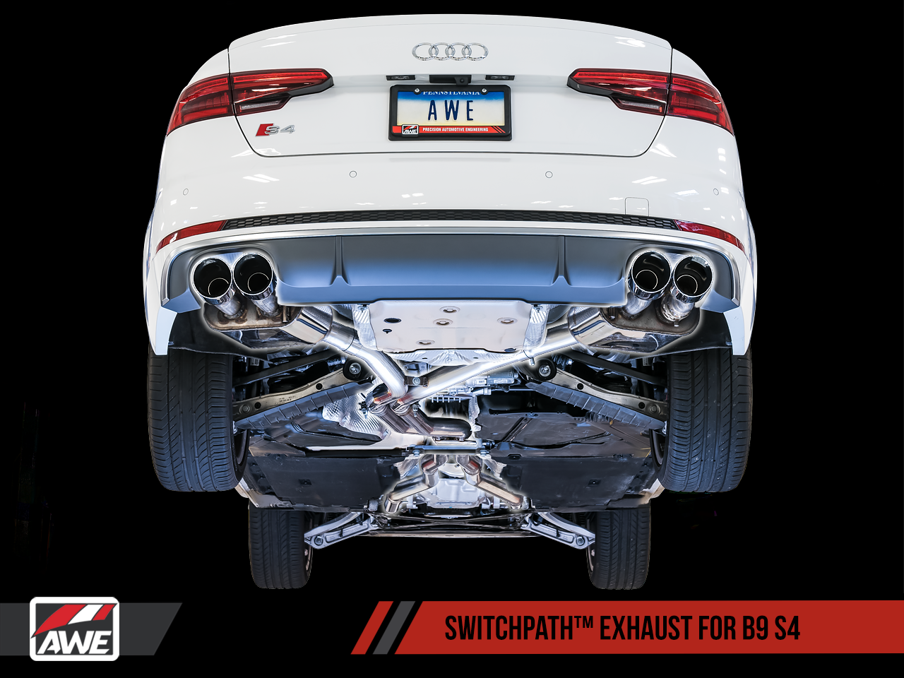 AWE SwitchPath™ Exhaust for B9 S4 - Resonated for Performance Catalyst - Diamond Black 90mm Tips