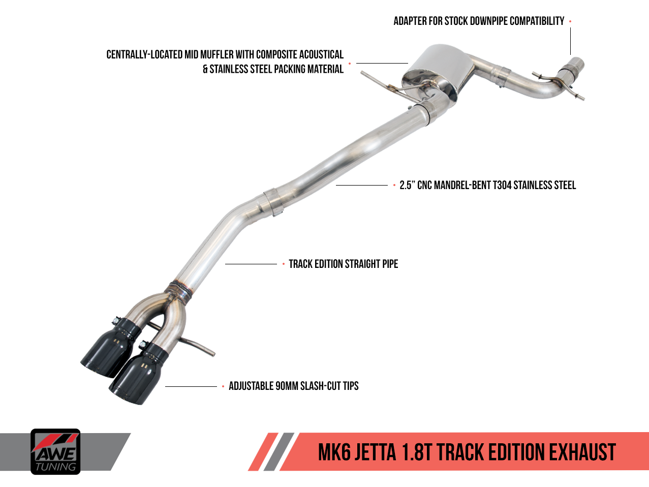 AWE Track Edition Exhaust for MK6 GLI 2.0T - MK6 Jetta 1.8T - Diamond Black Tips